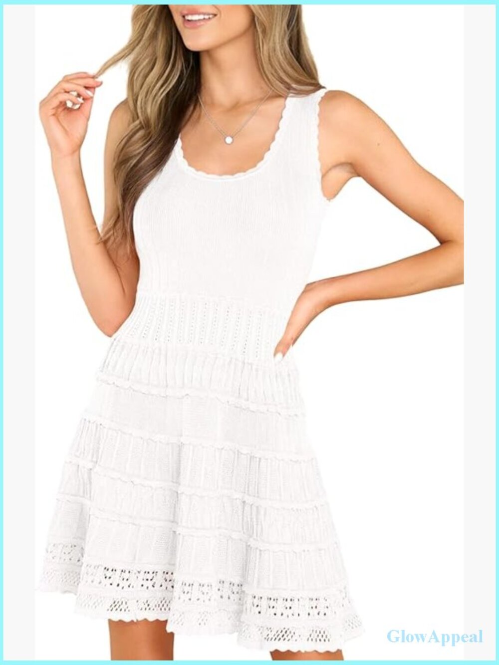 Slim Fit Mini Dress with Crochet Hem, Scoop Neck, Sleeveless, A-Line Silhouette